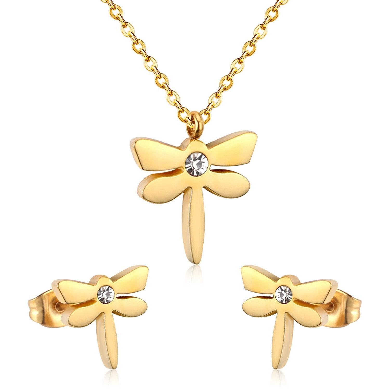 ASON Dragonfly Necklace Earrings Jewelry Set Stainless Steel Gold Color Animal Pendants Necklaces Statement Fashion Jewelry asonjewelry
